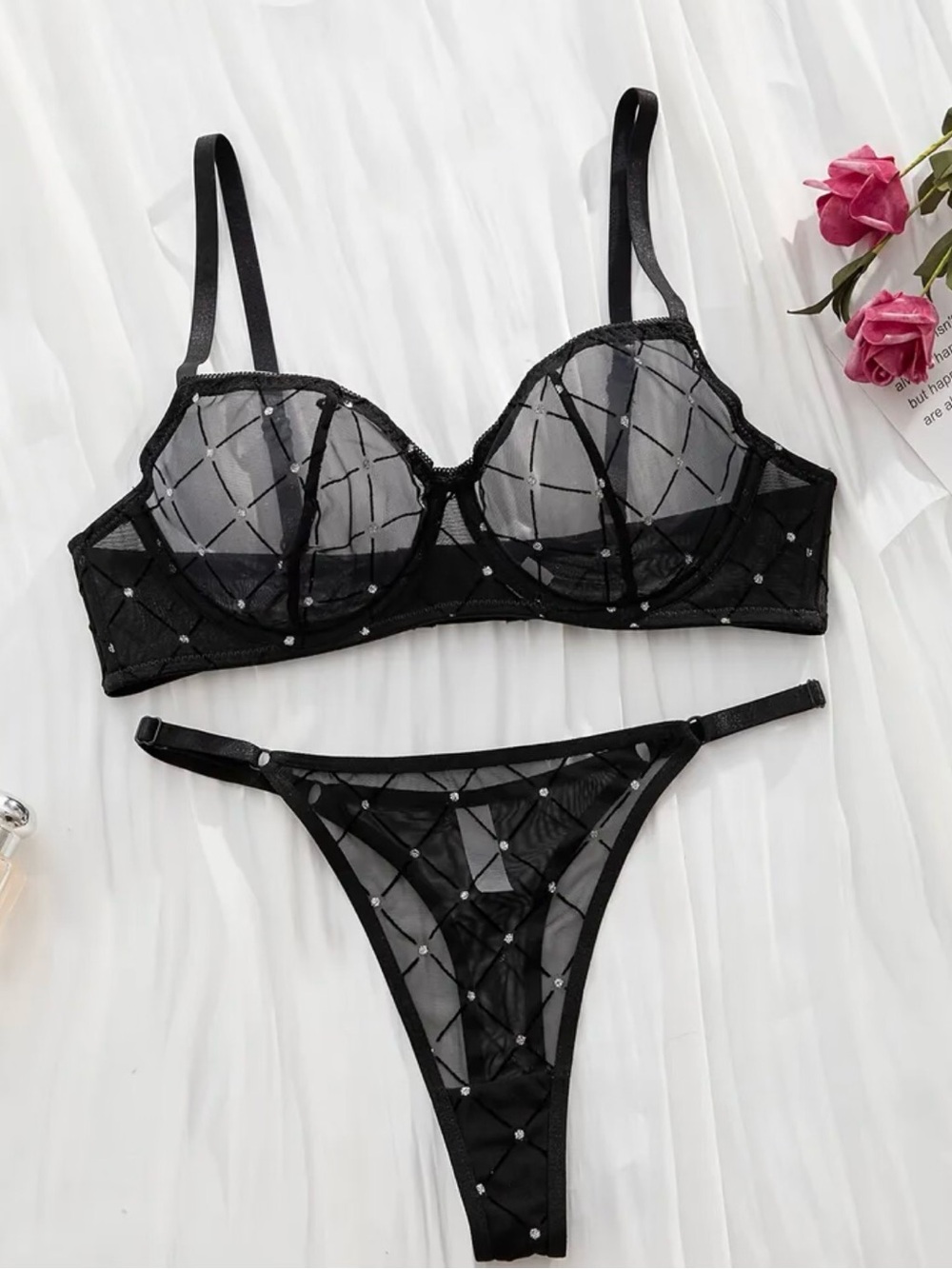 Sheer Embellished Black Mesh Bra & Thong Set - Elegant Women's Intimates